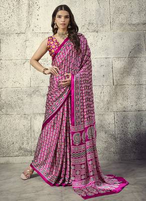 Magenta satin ajrakh printed casual wear saree 1