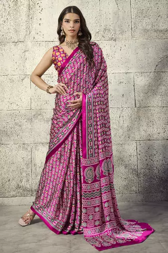 Magenta satin ajrakh printed casual wear saree