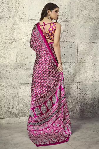 Magenta satin ajrakh printed casual wear saree