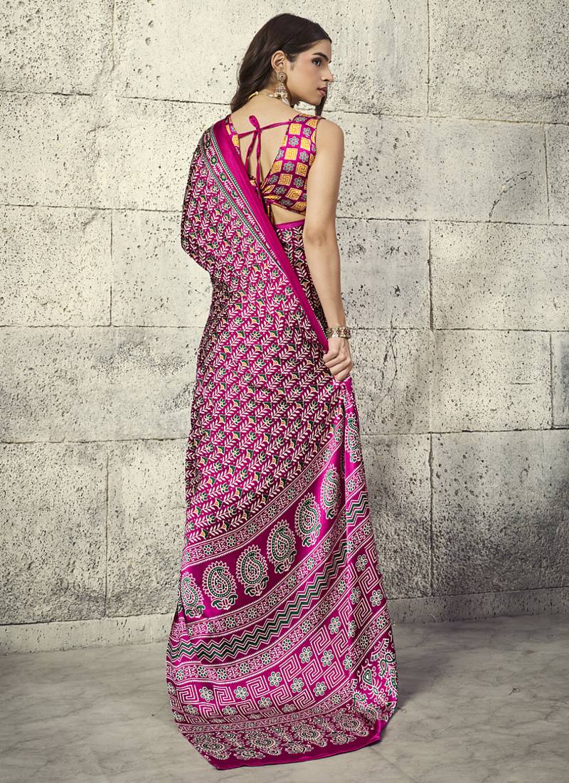 Magenta satin ajrakh printed casual wear saree