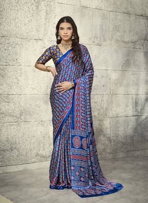 Navy blue modal satin ajrakh printed casual wear saree 1