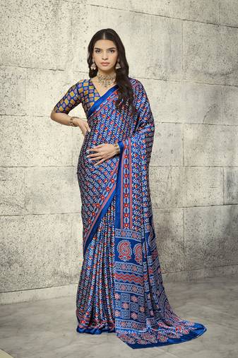 Navy blue modal satin ajrakh printed casual wear saree