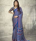 Navy blue modal satin ajrakh printed casual wear saree