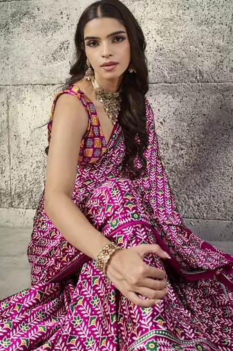 Magenta satin ajrakh printed casual wear saree