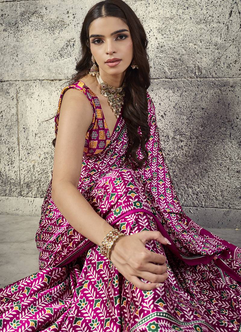 Magenta satin ajrakh printed casual wear saree