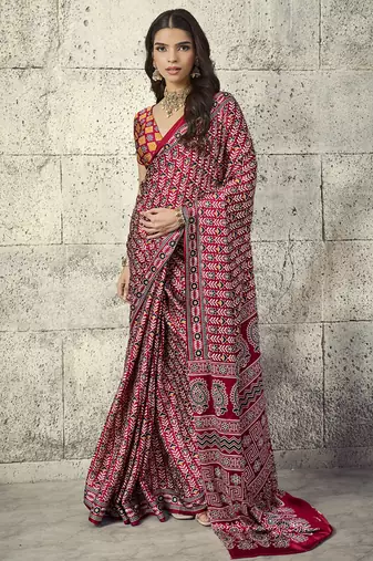Red modal satin ajrakh printed casual wear saree