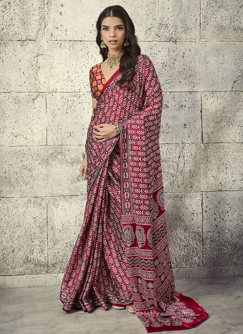 Red modal satin ajrakh printed casual wear saree
