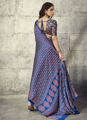 Navy blue modal satin ajrakh printed casual wear saree 2