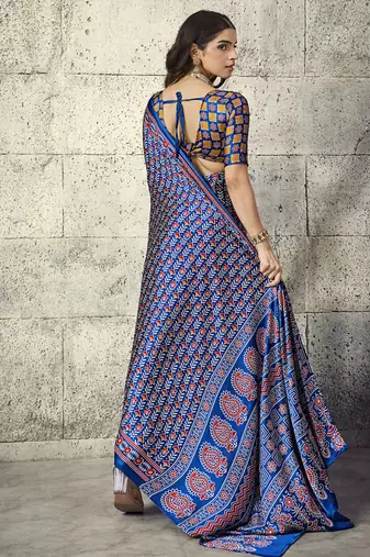 Navy blue modal satin ajrakh printed casual wear saree