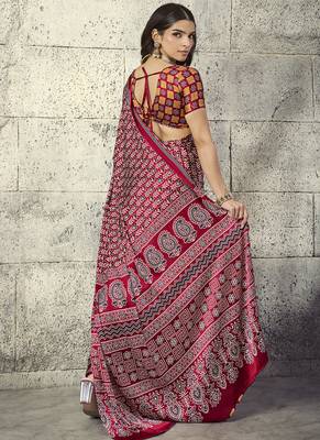 Red modal satin ajrakh printed casual wear saree 2