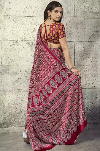 Red modal satin ajrakh printed casual wear saree