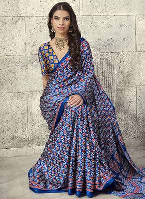 Navy blue modal satin ajrakh printed casual wear saree 3