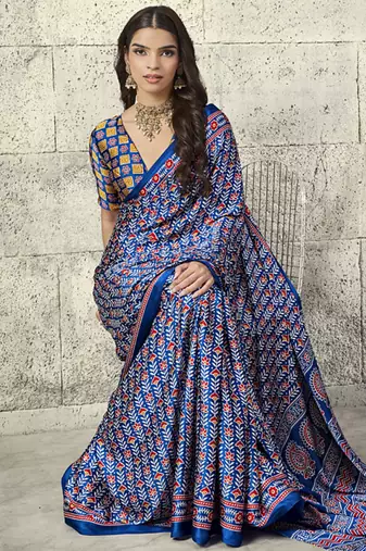 Navy blue modal satin ajrakh printed casual wear saree