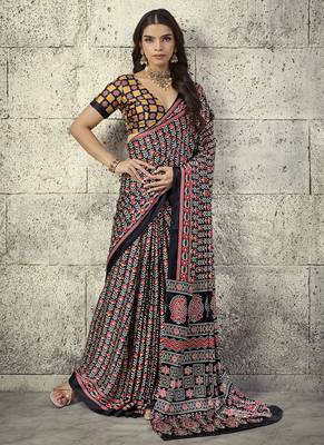 Black modal satin ajrakh printed casual wear saree 1