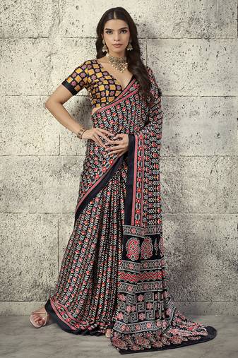 Black modal satin ajrakh printed casual wear saree