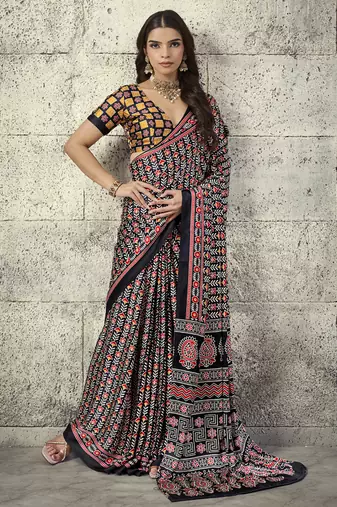 Black modal satin ajrakh printed casual wear saree