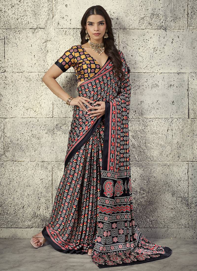Black modal satin ajrakh printed casual wear saree