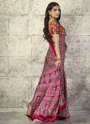 Red modal satin ajrakh printed casual wear saree 3