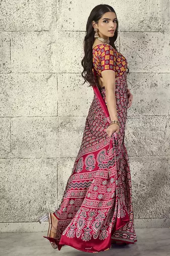 Red modal satin ajrakh printed casual wear saree