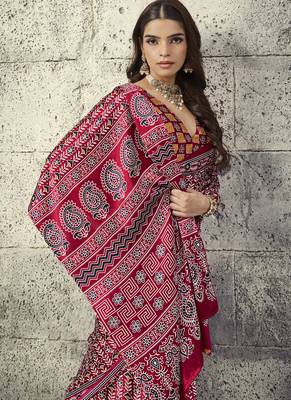 Red modal satin ajrakh printed casual wear saree 4
