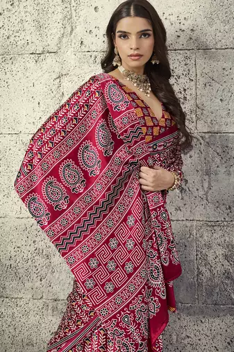 Red modal satin ajrakh printed casual wear saree
