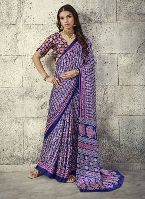 Blue modal satin ajrakh printed casual wear saree 1