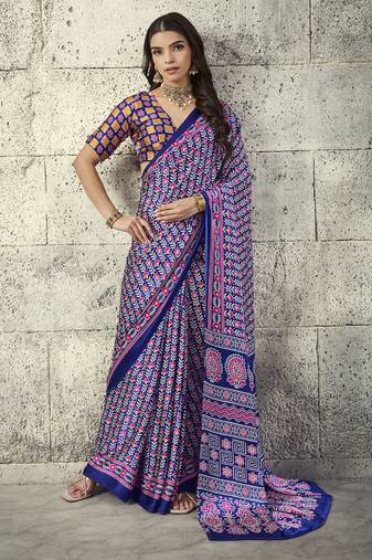 Blue modal satin ajrakh printed casual wear saree