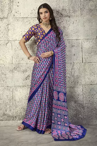 Blue modal satin ajrakh printed casual wear saree