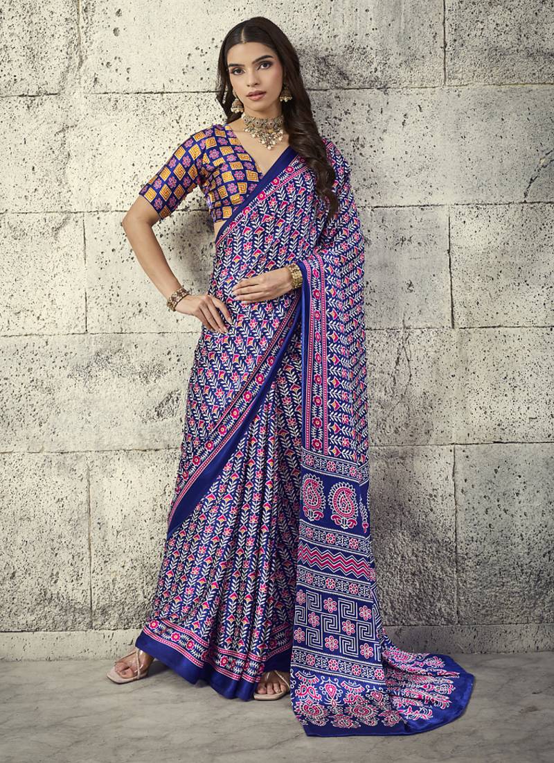 Blue modal satin ajrakh printed casual wear saree