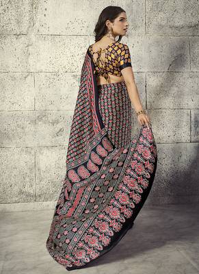 Black modal satin ajrakh printed casual wear saree 2