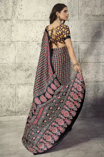 Black modal satin ajrakh printed casual wear saree