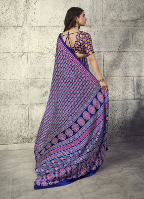 Blue modal satin ajrakh printed casual wear saree 2