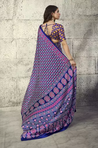 Blue modal satin ajrakh printed casual wear saree