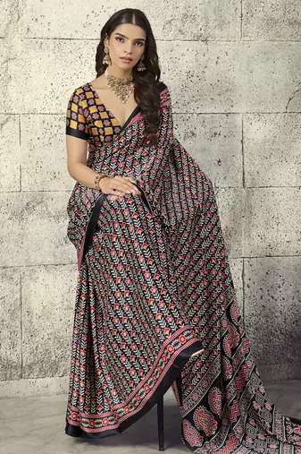 Black modal satin ajrakh printed casual wear saree