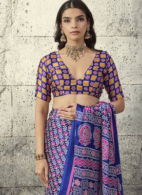 Blue modal satin ajrakh printed casual wear saree 3