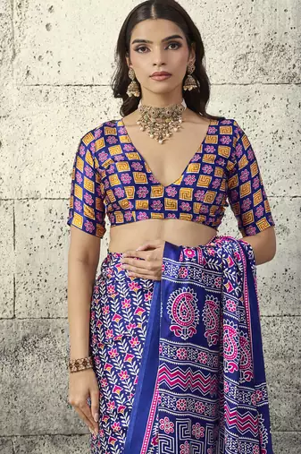 Blue modal satin ajrakh printed casual wear saree