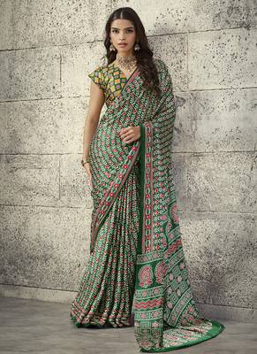Olive modal satin ajrakh printed casual wear saree 1