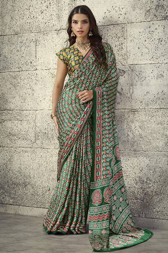 Olive modal satin ajrakh printed casual wear saree