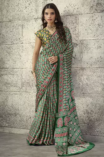 Olive modal satin ajrakh printed casual wear saree