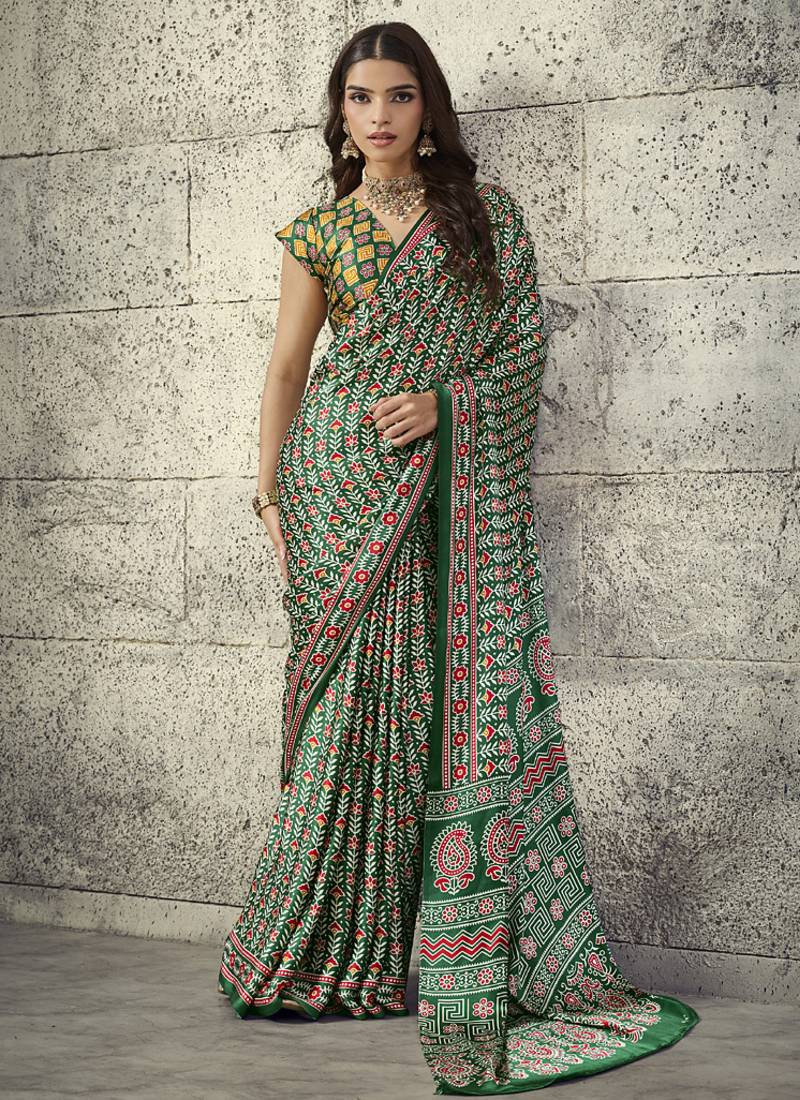 Olive modal satin ajrakh printed casual wear saree
