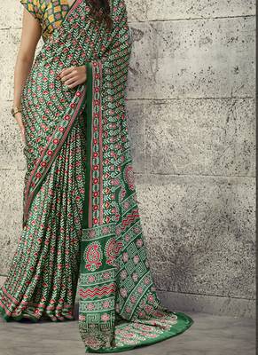 Olive modal satin ajrakh printed casual wear saree 2