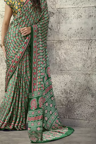 Olive modal satin ajrakh printed casual wear saree