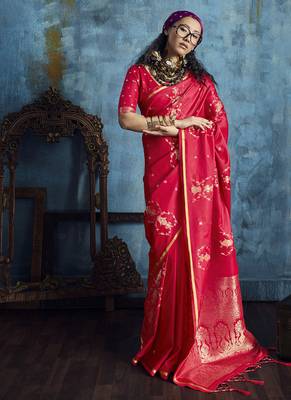 Blood red pure satin with handloom weaving silk blend saree festival wear saree 1