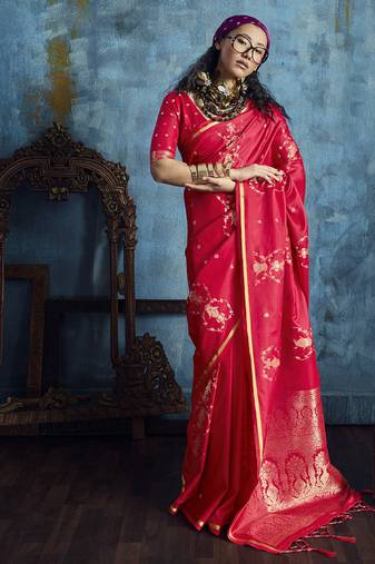 Blood red pure satin with handloom weaving silk blend saree festival wear saree
