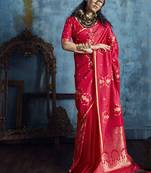 Blood red pure satin with handloom weaving silk blend saree festival wear saree