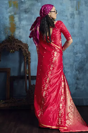 Blood red pure satin with handloom weaving silk blend saree festival wear saree