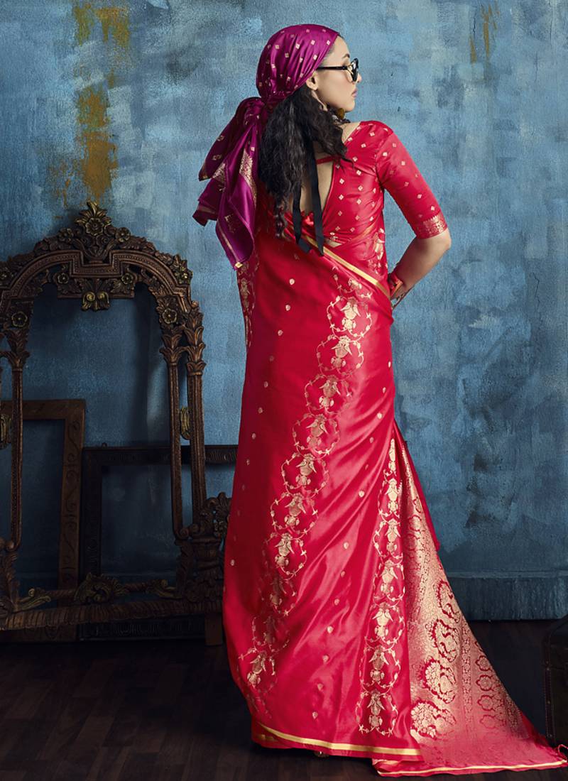 Blood red pure satin with handloom weaving silk blend saree festival wear saree