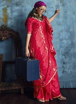 Blood red pure satin with handloom weaving silk blend saree festival wear saree 3