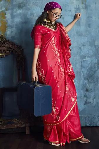 Blood red pure satin with handloom weaving silk blend saree festival wear saree