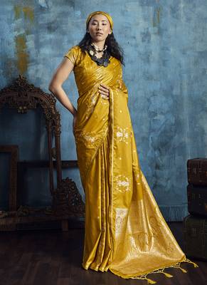 Golden pure satin with handloom weaving silk blend saree festival wear saree 1
